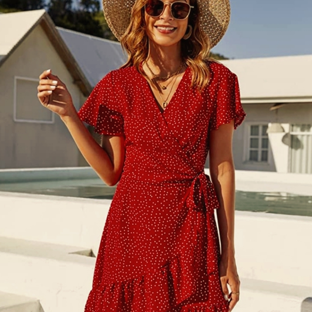 Women's Summer Polka Dots V Neck Ruffle Cap Sleeve A Line Mini Dress
